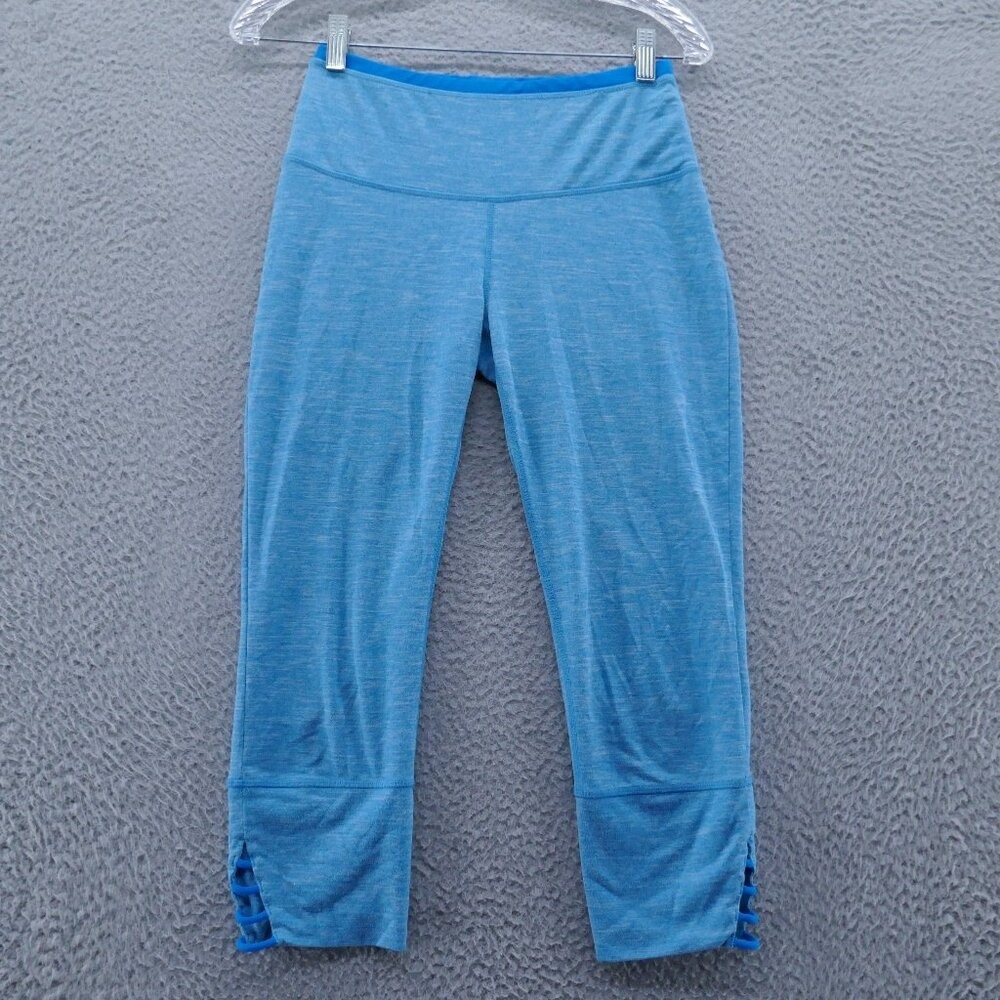 Prana Tori Capri Blue Heathered Strappy Hem Athletic Leggings Womens Small